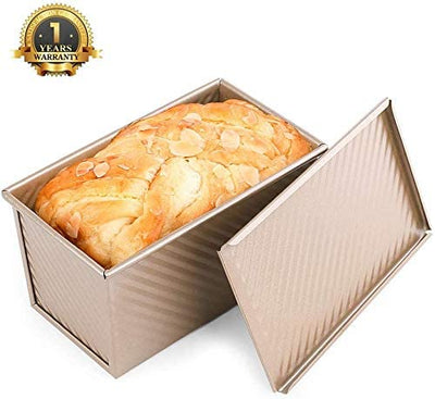 Amagabeli Nonstick Bakeware Loaf Pan with Cover 8.4”x4.5”x4.1” Carbon Steel Bread Toast Mold for Baking Flat Toast Box for Cooking Oven Baking Roasting Toaster Bake Mold Homemade Cakes Baking Golden-Baking-Amagabeli
