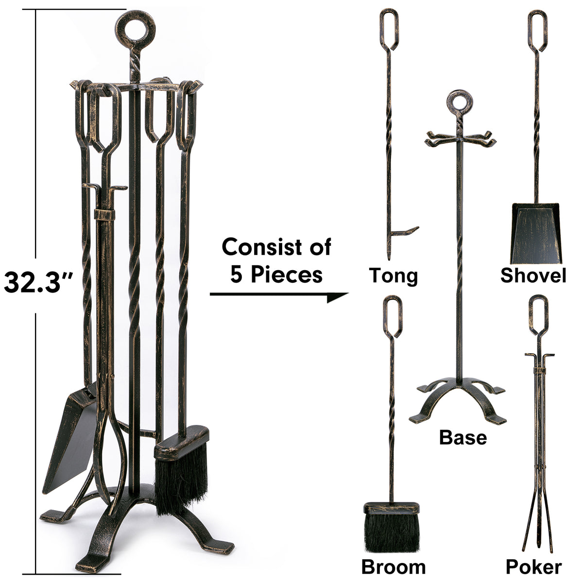 Amagabeli 5 Pieces Fireplace Tools Sets Wrought Iron Indoor Fireplace