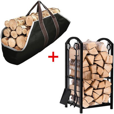 Amagabeli Large Canvas Firewood Carrier Log Tote+Firewood Rack with 4 Tools-Fireplace bundle-Amagabeli