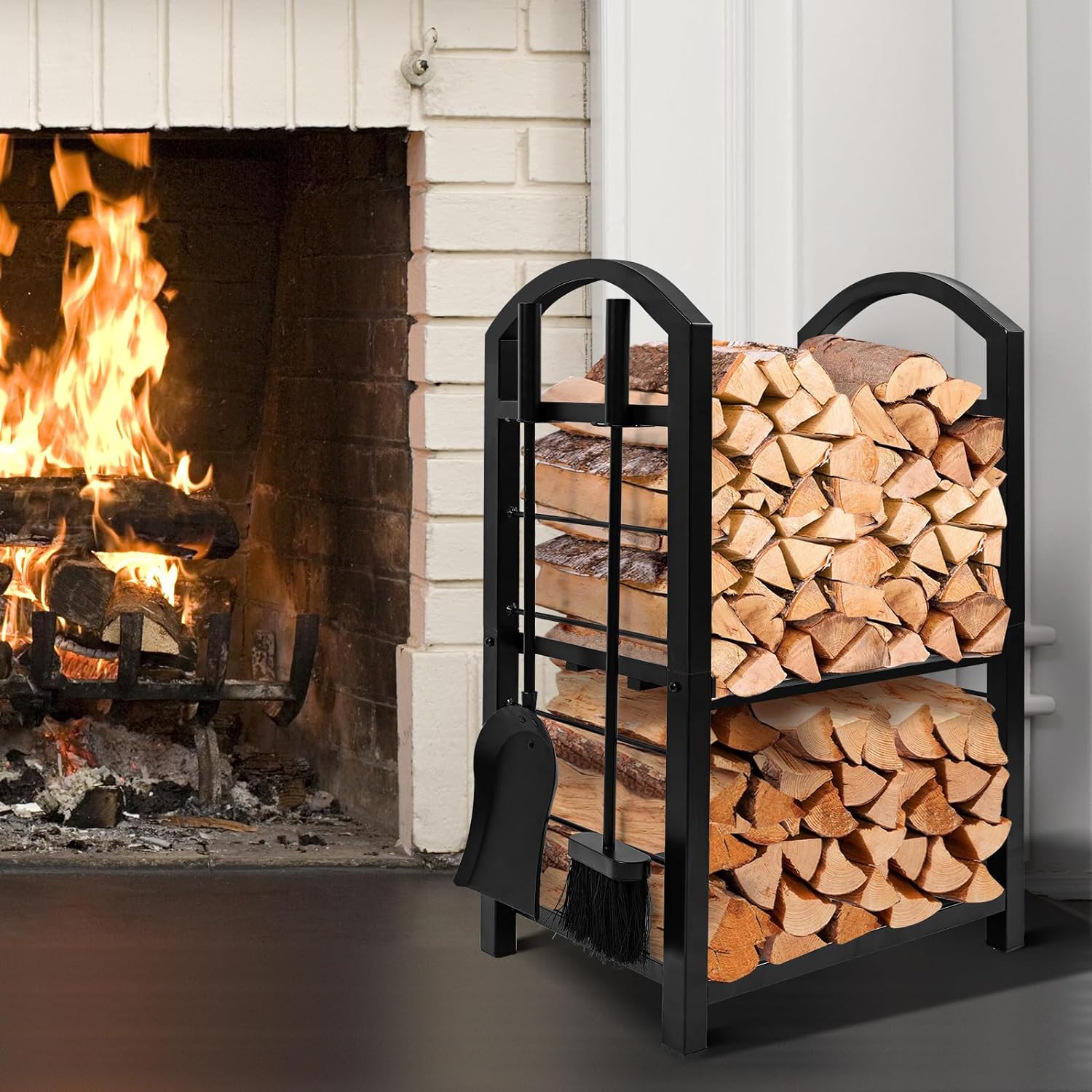 Buy Amagabeli Fireplace Log Rack With Tools Rustic Black Indoor Outdoor ...