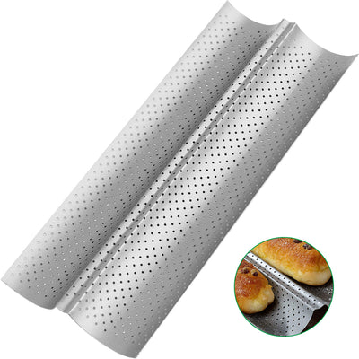 Amagabeli Nonstick French Baguette Pans for Baking 15”x6.3” Carbon Steel 2 Loaf Perforated Bread Tray Baguette Baking Tray Bake Mold Toast Cooking Oven Toaster Pan Cloche Waves Bakeware Silver-Baking-Amagabeli