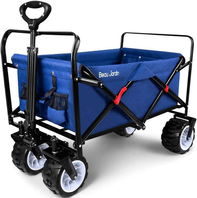 BEAU JARDIN Folding Wagon Collapsible Cart 300 Pound Capacity Utility Camping Grocery Canvas Sturdy Blue-folding wagon-Amagabeli