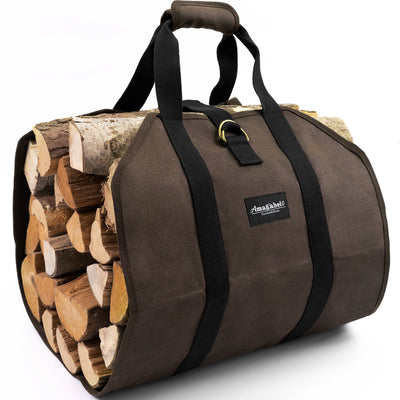 Amagabeli Fireplace Carrier Waxed Large Canvas Log Carrier Bag Indoor Firewood Storage Tote Fire Place Log Holders-Fireplace log holder-Amagabeli