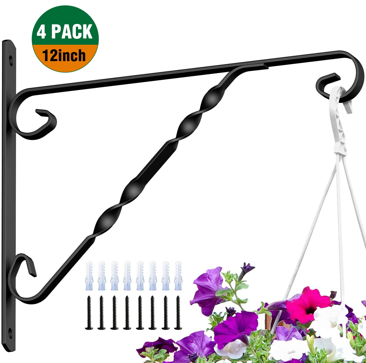4-Pack Wall Hanging Basket Hooks - 6 Inch Heavy Duty Plant Brackets For Outdoor & Indoor Decor (White)