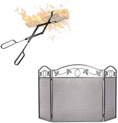 Amagabeli 3 Panel Fireplace Screen Bundle 26” Fireplace Log Tongs-Fireplace bundle-Amagabeli