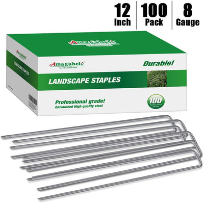 Amagabeli 12 Inch 8 Gauge Galvanized Landscape Staples 100 Pack Garden Stakes Heavy-Duty Sod Pins Anti-Rust Fence Stakes for Weed Barrier Fabric Ground Cover Artificial Turf Dripper Irrigation Tubing-Gardening&Lawn care-Amagabeli