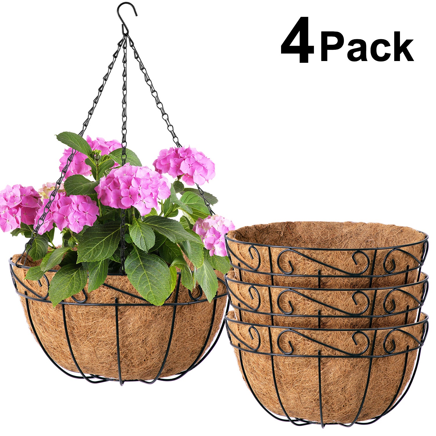 10 in hanging planter Amagabeli 4 Pack 10 inch Metal Hanging Baskets for Plants Outdoor Blac