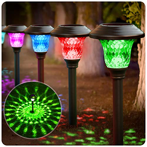 Beau Jardin 8 Pack Solar Lights with 7 Color Changing Pathway Outdoor Garden Stake Glass Stainless Steel Waterproof Auto On Off Sun Powered