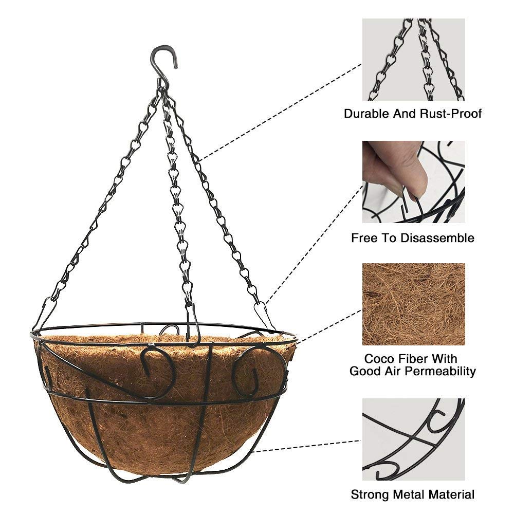 Amgabeli 4 Pack 12 Inch Hanging Baskets for Plants Flowers Metal Wire Coco Liner Planter Outdoor Black Basket121