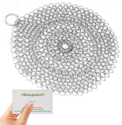 Amagabeli 8”x8” 316 Stainless Steel Cast Iron Cleaner Round Chainmail Scrubber for Cast Iron Pan Skillet Cleaner for Dishes Glass Pre-Seasoned Cast Iron Pot Seasoning Protection Cookware Accessories-Cleaning Tools-Amagabeli