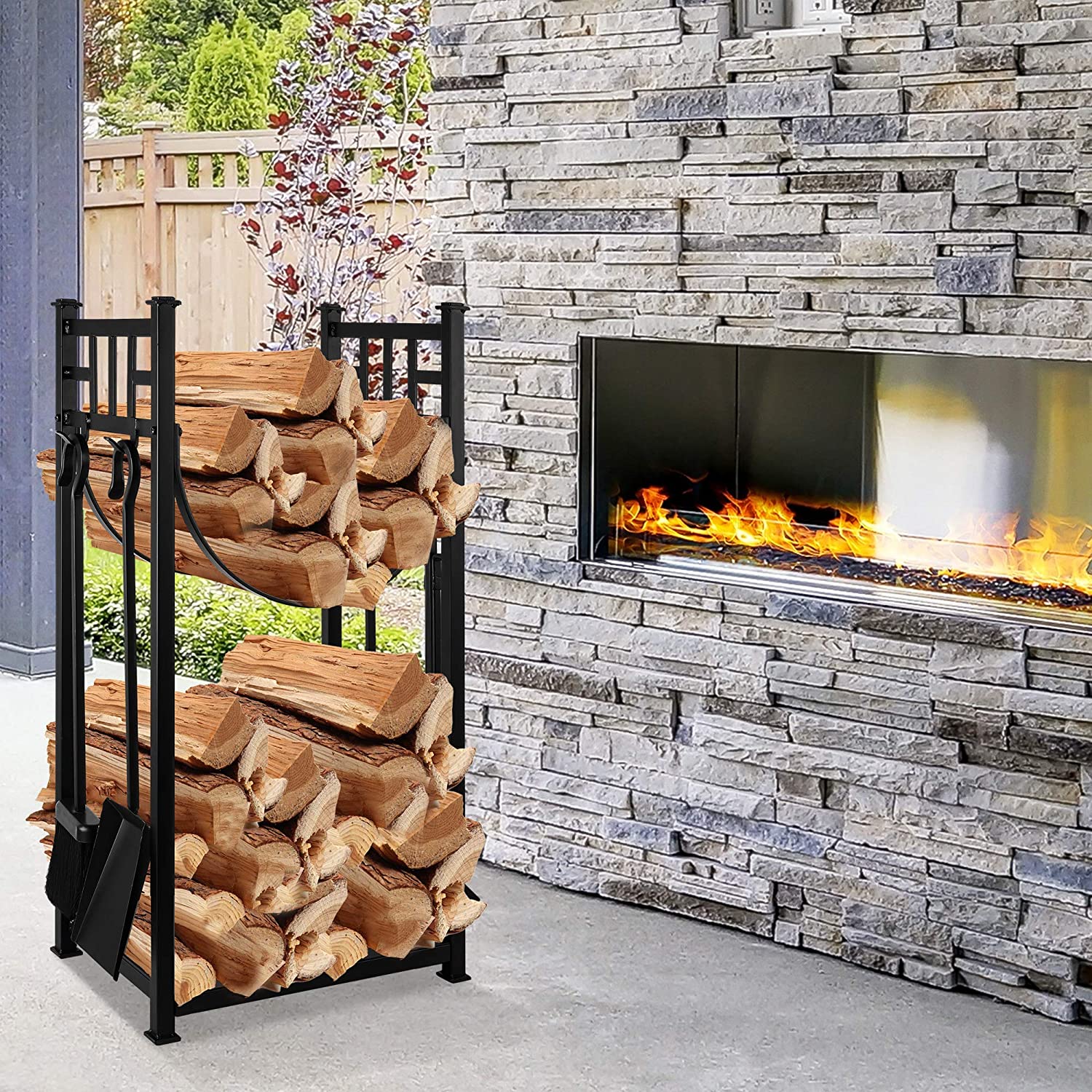 Amagabeli fireplace log rack with 4 tools shop indoor outdoor storage wood lumber holder metal