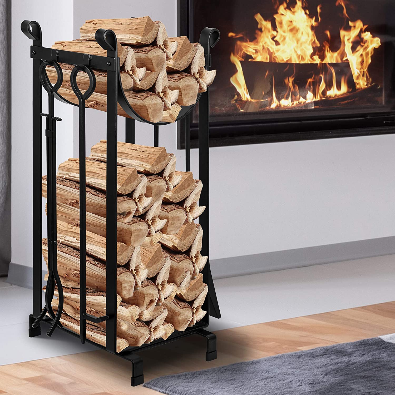Amagabeli Fireplace Log Rack with 4 Tools Indoor Outdoor Firewood Hold