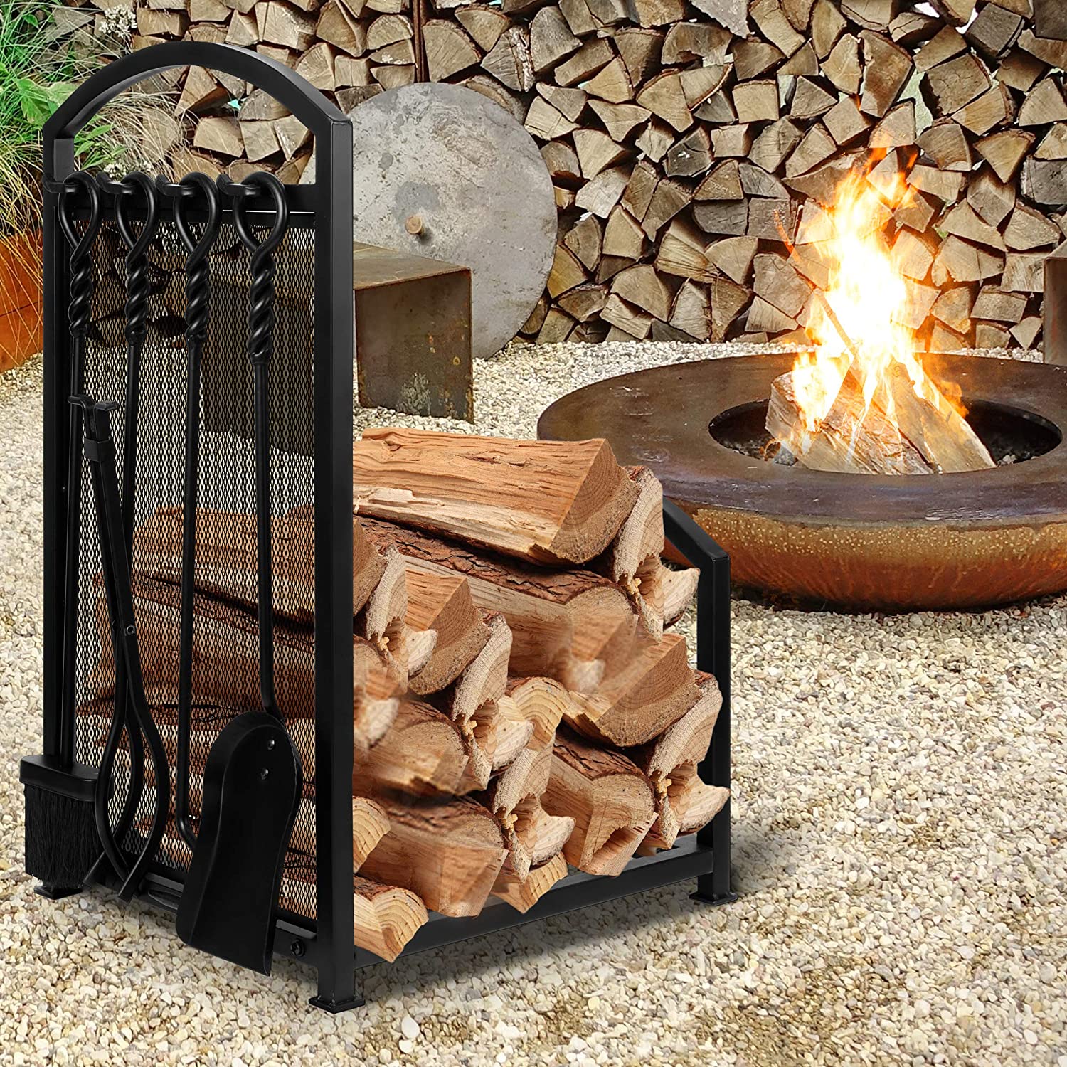 Amagabeli fireplace log rack with 4 tools shop indoor outdoor storage wood lumber holder metal