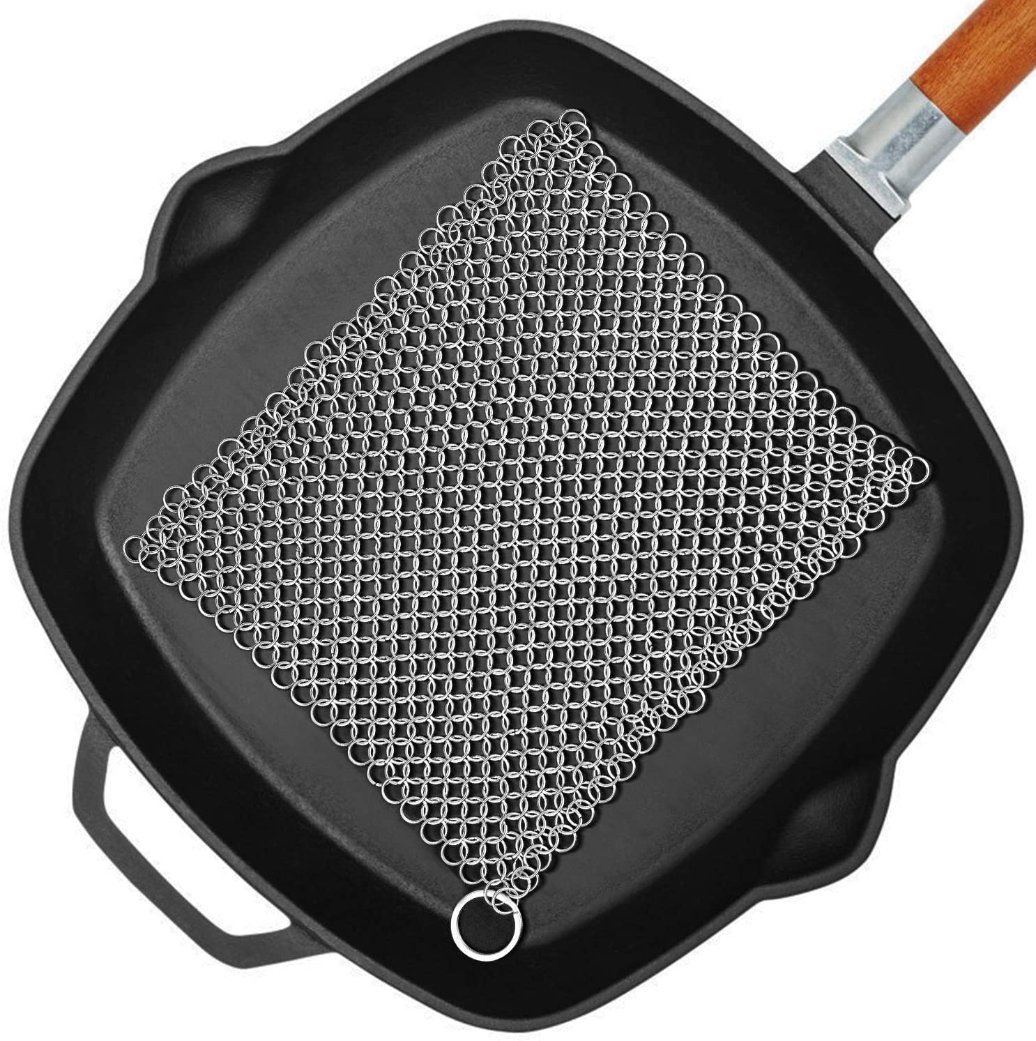 Stainless Steel Cast Iron Skillet Cleaner Chainmail Cleaning Scrubber With  Hanging Ring for Cast Iron Pan,Pre-Seasoned Pan,Griddle Pans, BBQ Grills  and More Pot Cookware-Square 7x7 Inch 