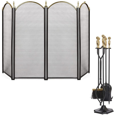 Amagabeli 5 Pcs Large Fireplace Tools+ Large Gold Fireplace Screen 4 Panel-Fireplace bundle-Amagabeli