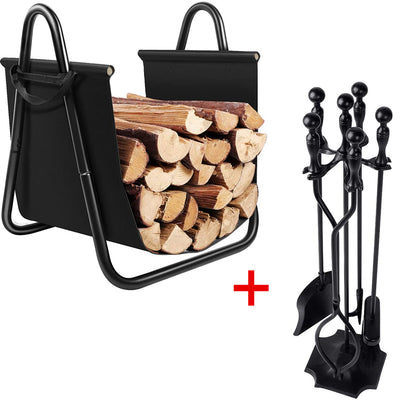 Amagabeli 5 Pcs Fireplace Tools Sets+ Fireplace Log Holder-Fireplace bundle-Amagabeli