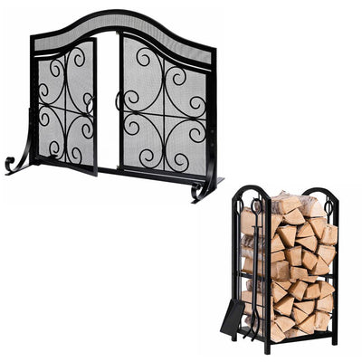 Amagabeli Fireplace Screen with Doors Bundle Firewood Rack Fireplace Tool-Fireplace bundle-Amagabeli
