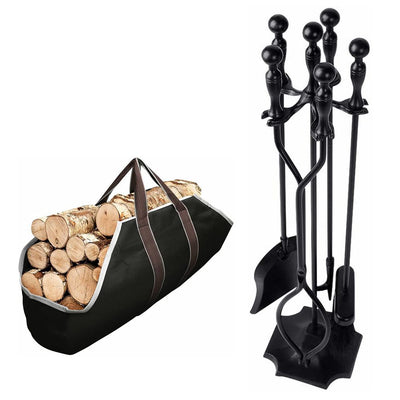 Amagabeli Large Canvas Firewood Carrier Log Tote Bundle 5 Pcs Fireplace Tools Sets Black Handle-Fireplace bundle-Amagabeli