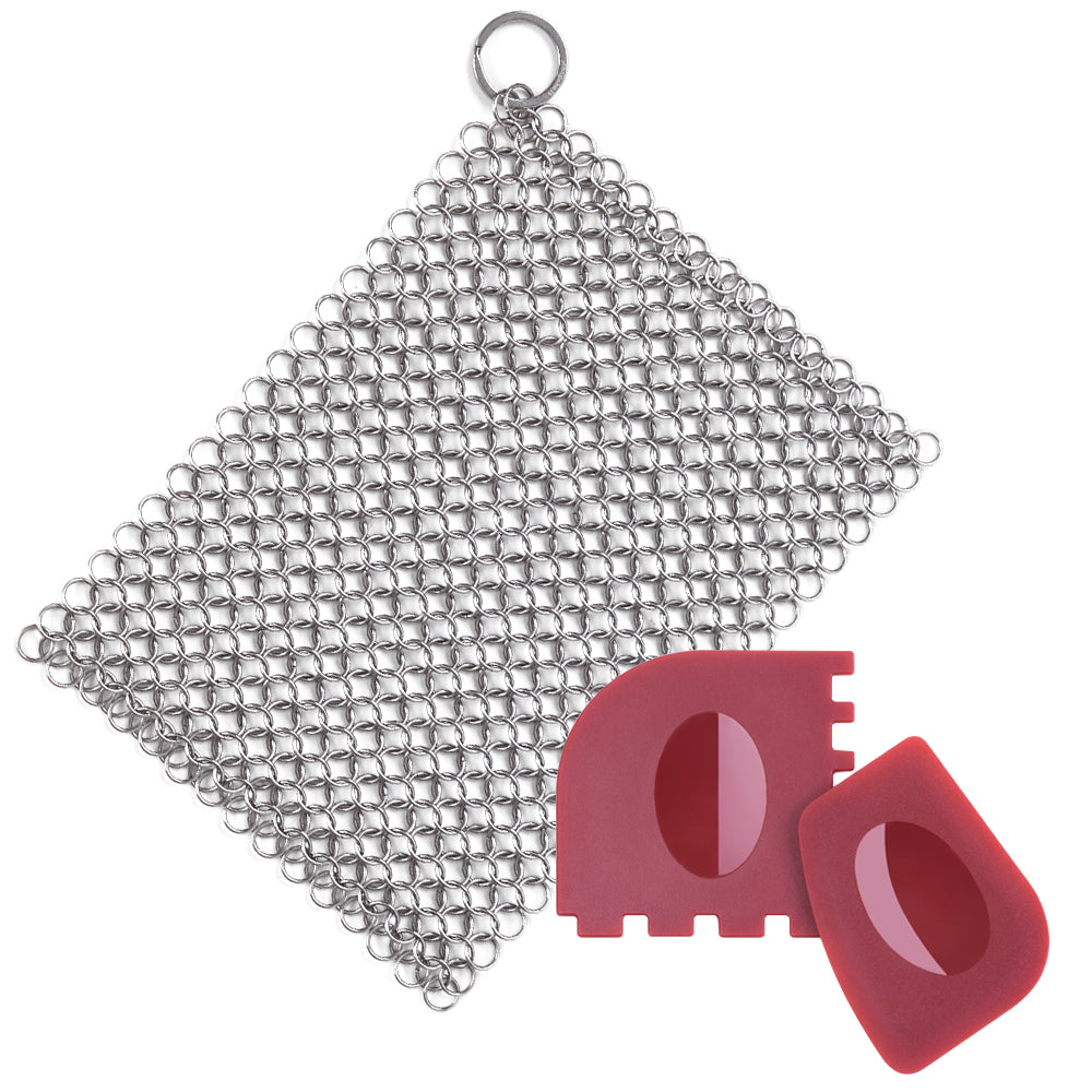 Cast Iron Cleaning Kit with Chainmail Scrubber & Pan Scraper