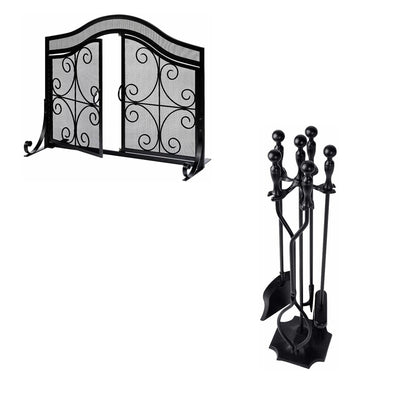 Amagabeli 5 Pcs Fireplace Tools Sets Black Bundle Amagabeli Fireplace Screen with Doors-Fireplace bundle-Amagabeli