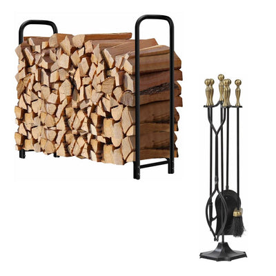 Amagabeli 4ft Firewood Rack Outdoor Bundle 5 Pieces Fireplace Tools Sets Brass Handle s-Fireplace bundle-Amagabeli