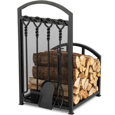 Amagabeli Fireplace Log Holder Rack with 4 Tools Wrought Iron Firewood Lumber Storage-Fireplace Log Rack with tools-Amagabeli