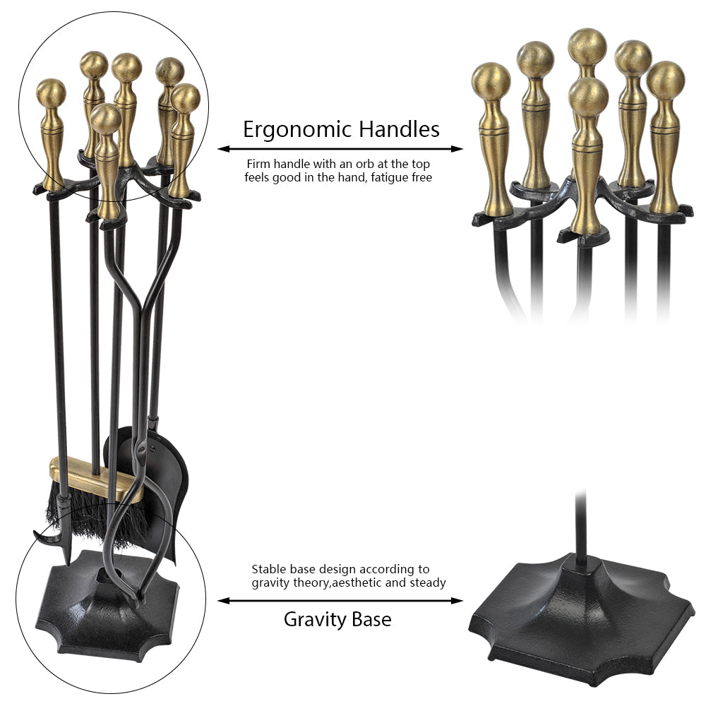 Fire Place Tools 30-Inch Fireplace Tool Set (5-Piece) – Wrought Iron With Gold Handles, For Indoor/Outdoor Fireplace 30 Inch Fireplace Poker Set