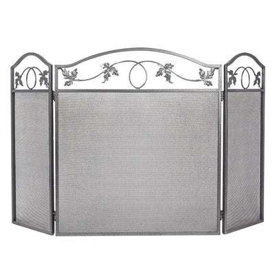 Amagabeli 3Panel Pewter Wrought Iron Fireplace Screen Metal Decorative Mesh Cover Solid Baby Safe Proof Fireplace Fence Leaf Design Steel Spark Guard-Fireplace Screen-Amagabeli
